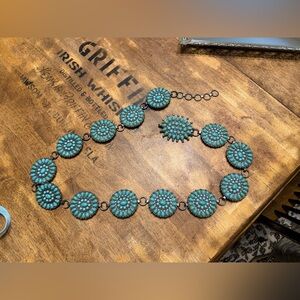 SOLD- Turquoise Cluster Concho Belt Southwestern Boho Western Silver Tone Adjust